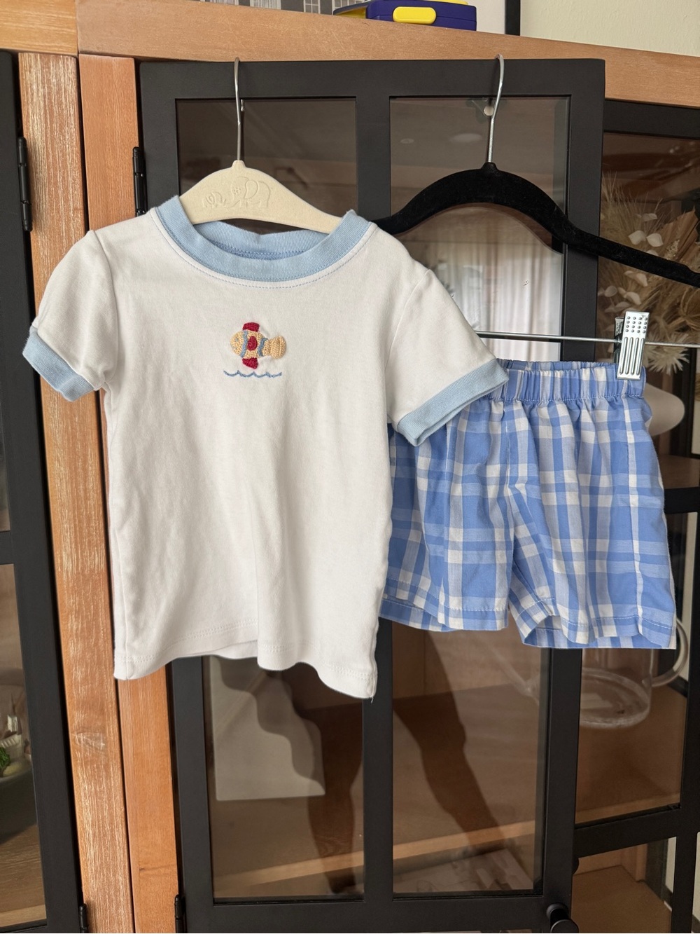 Little English set shorts sleeve tee french knot fish embroidered gingham baby